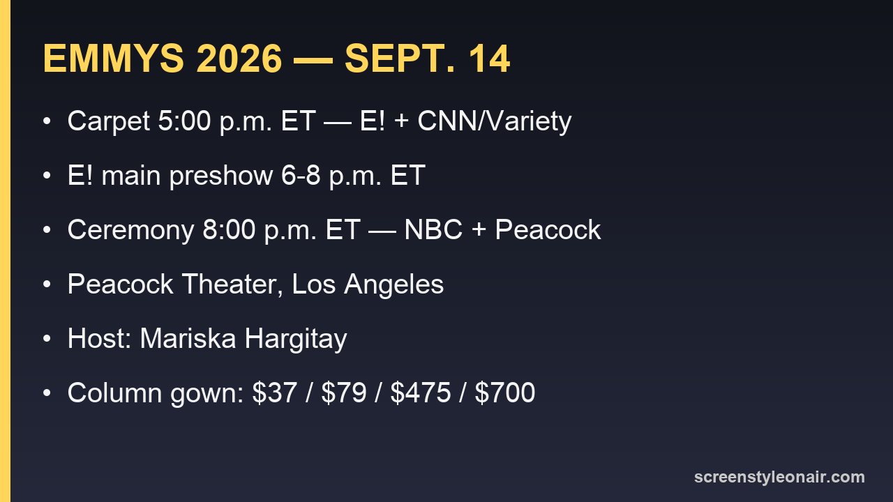 Card listing Emmys 2026 date, ceremony time, red carpet start times and networks
