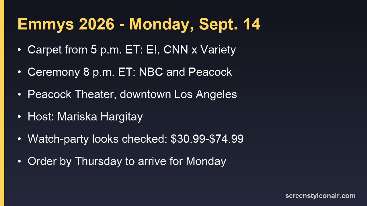 Card listing the Emmys 2026 date, carpet and ceremony times, venue, host and the checked price range for watch-party looks