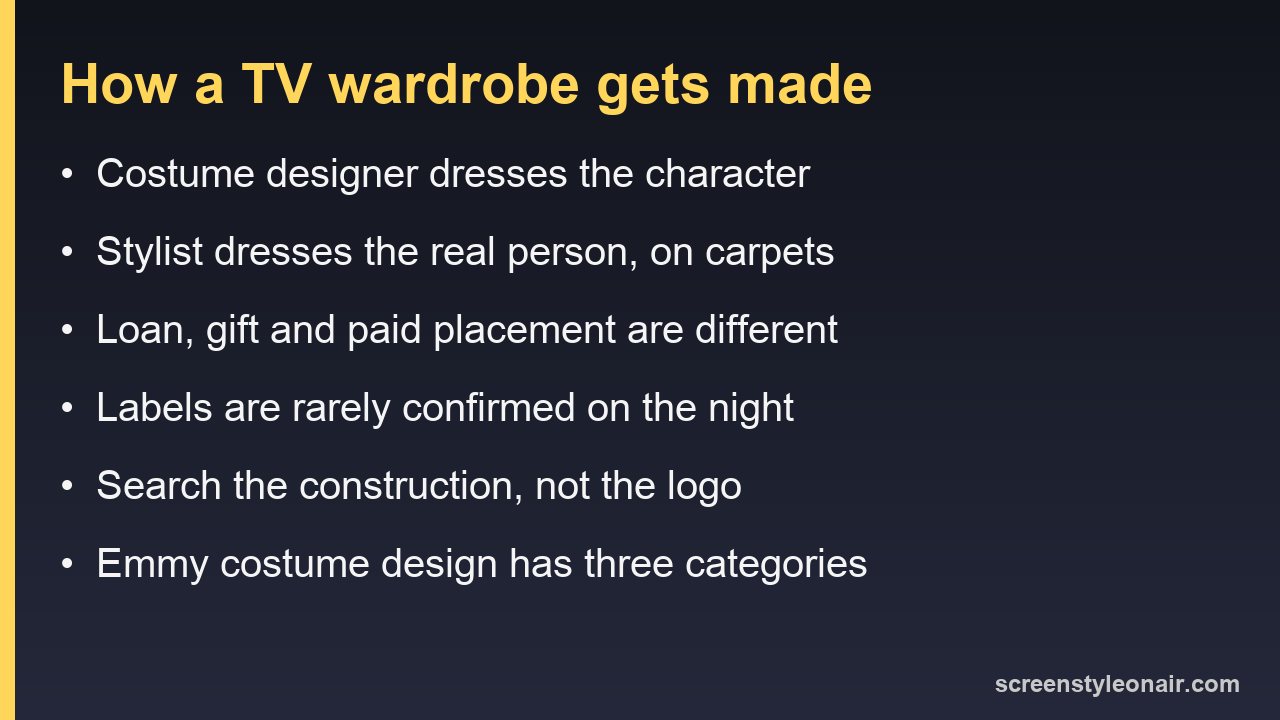 Card summarizing the difference between costume designers, stylists, loans, and how to search for a lookalike garment
