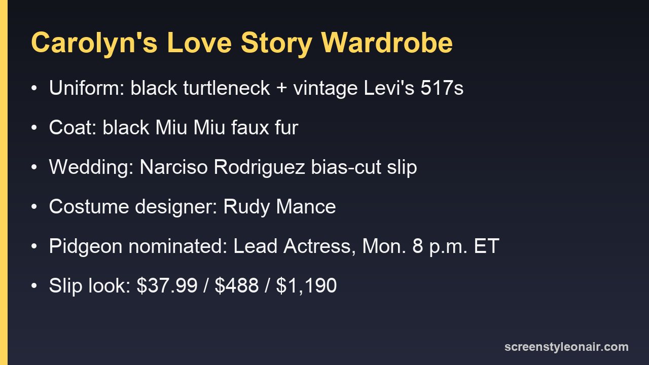Card summarizing Carolyn Bessette's Love Story wardrobe, Sarah Pidgeon's Emmy nomination time and three slip dress prices