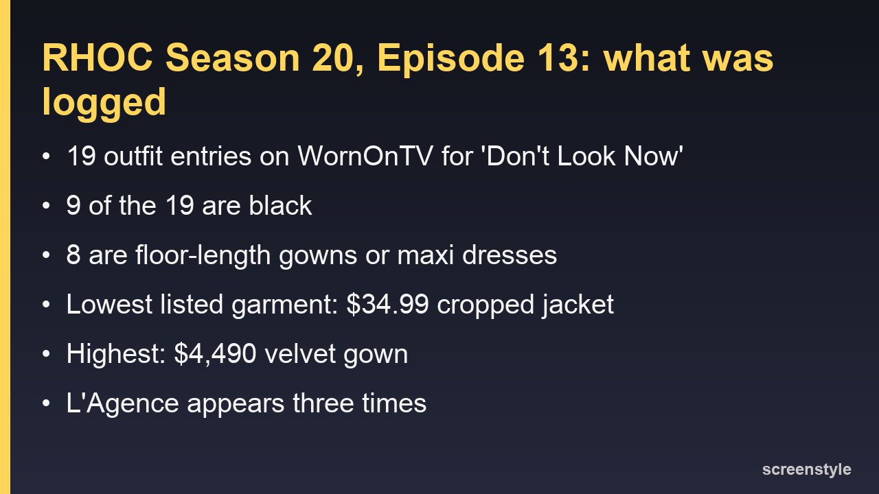 Card summarizing RHOC Season 20 Episode 13 wardrobe: 19 outfit entries on WornOnTV, 9 black, 8 floor-length, lowest listed garment 34.99 dollars, highest 4,490 dollars, L'Agence three times