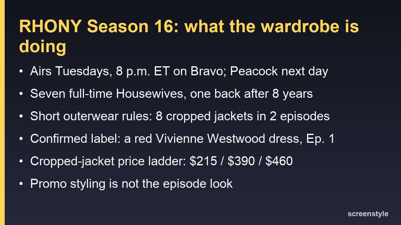 Card summarising RHONY Season 16 cast, schedule and the cropped-jacket wardrobe