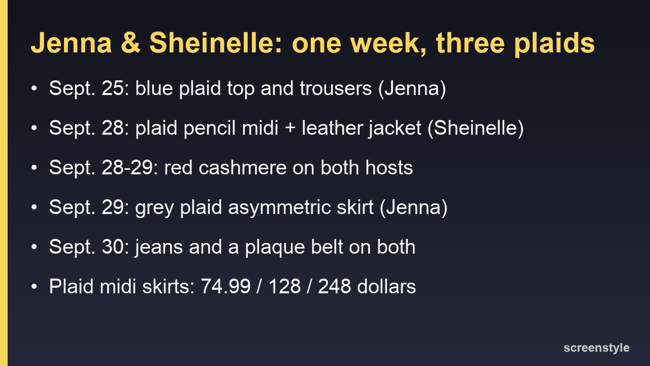 One week of Jenna and Sheinelle outfits and three plaid skirt prices