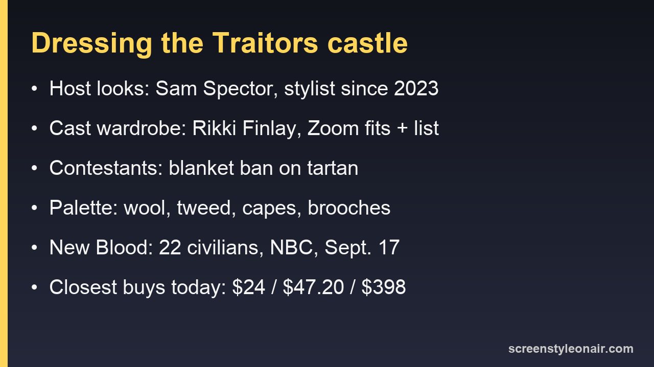 Card summarizing The Traitors wardrobe: stylist Sam Spector, cast designer Rikki Finlay, the tartan ban, the wool and tweed palette, and three buy prices